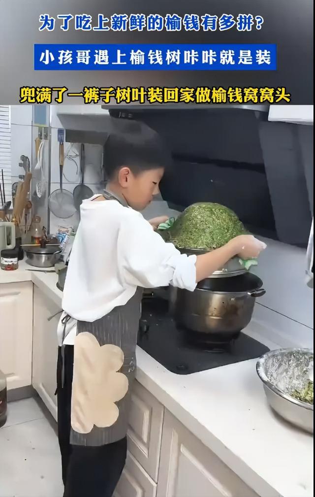 小孩哥为了吃上新鲜榆钱，竟将榆钱装满裤腿，老妈看了笑出泪