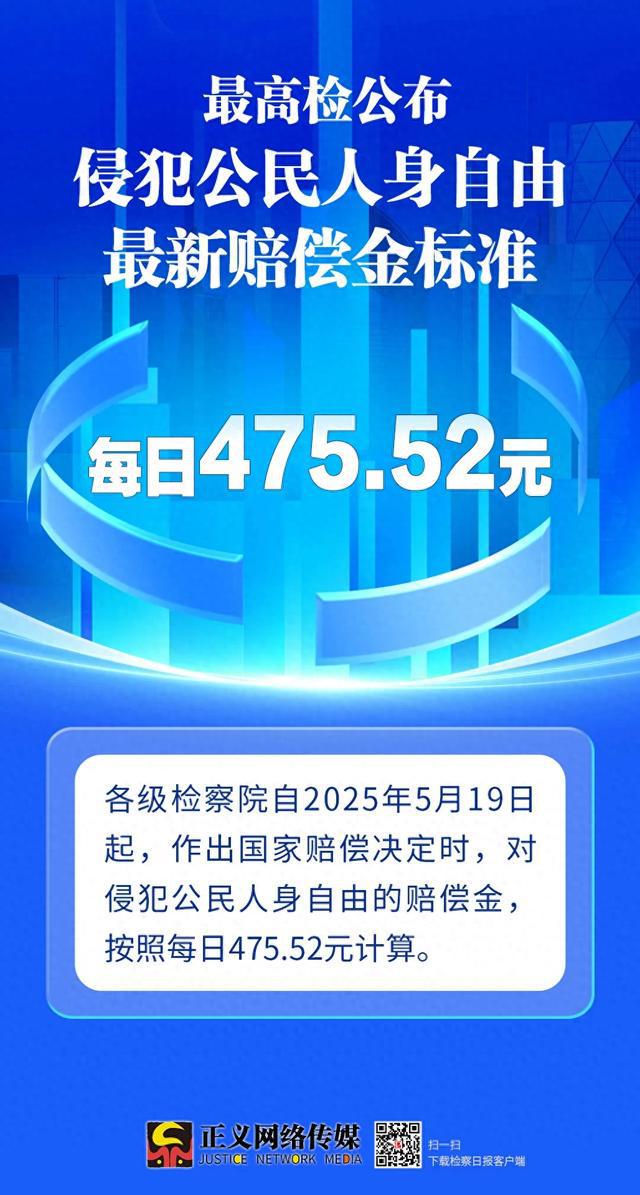 每日475.52元！最高检公布最新侵犯公民人身自由的赔偿金标准
